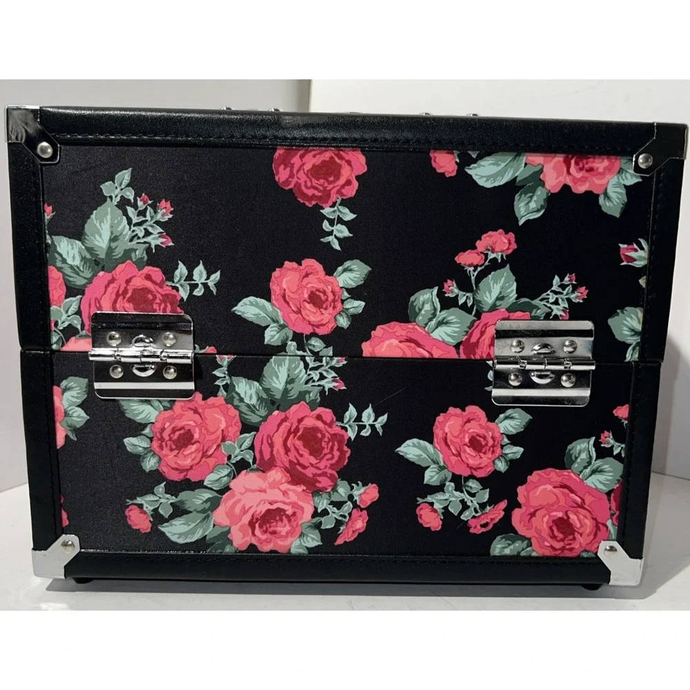 Make-up‎ 2 Tiered Shelves Travel Case Hardshell Black Roses